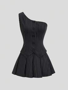 Sweetra Minimalist Casual Black Striped Fitted Asymmetric Shoulder Blazer Vest Paired With A-Line Box Pleat Skirt Women's Suit 2-Piece Set - Black and White - View 5