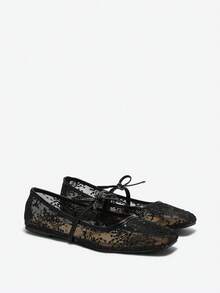 Eladyva Ballerines plates noires pour femmes, avec nœud, décor de fleurs brodées, maille respirante, bout carré, paillettes, convient aux pieds larges/grande taille, été - Noir - Voir 7