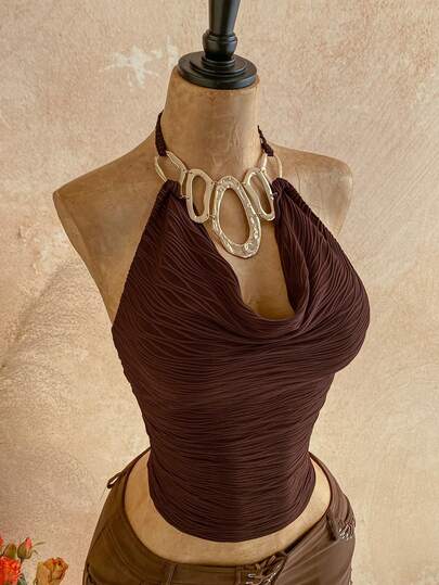 Soleia 春夏新款休闲度假西部海滩婚礼宾客着装毕业早午餐圣帕特里克节春假复活节音乐节优雅波西米亚热带性感露背系带金属装饰派对情人节约会深V领女士背心