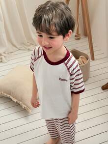 DAZY 男童条纹插肩短袖上衣和裤子睡衣套装 - 紅色 - 查看 5