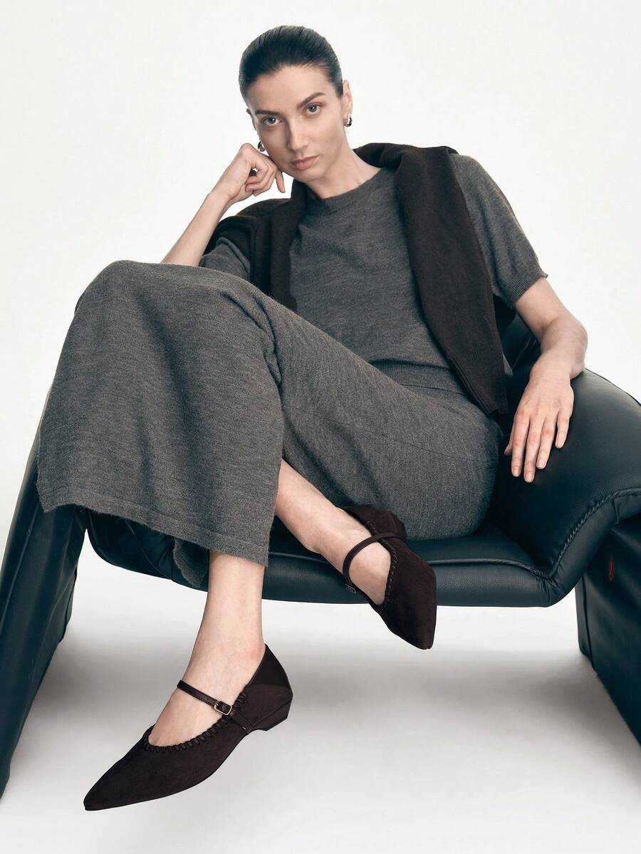 女士尖头搭扣设计休闲时尚粗跟乐福鞋 - 巧克力棕 - 查看 1