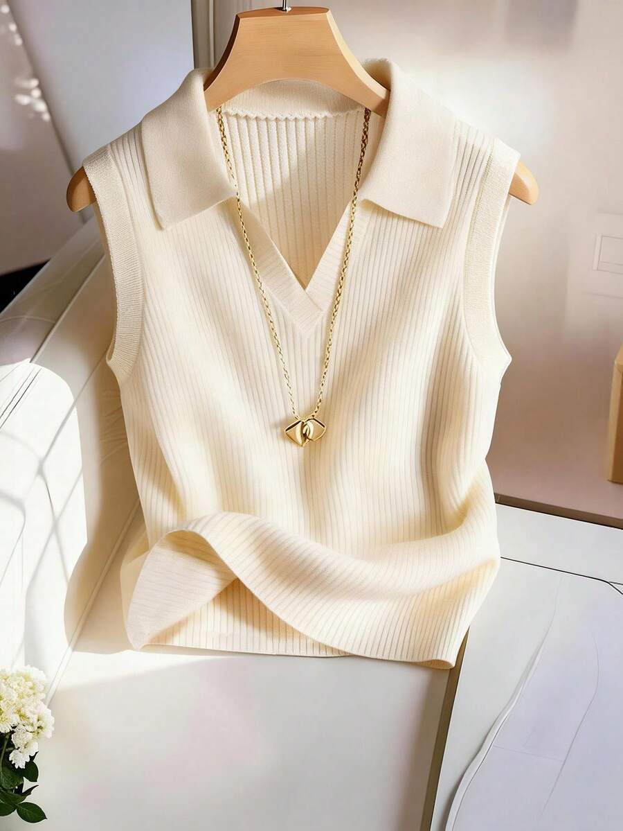 Franclia Beige Lapel Fashionable Retro Elegant Minimalist Versatile Business Casual Sleeveless Fitted Knit Top, Spring/Summer - Beige - View 1