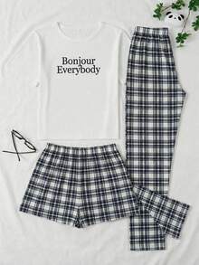 EURMUSE Bộ đồ ngủ nữ 3 món bằng cotton, gồm áo ngắn tay in chữ và quần dài/ngắn họa tiết kẻ caro, thoải mái khi mặc ở nhà. - Nhiều màu - Xem 3