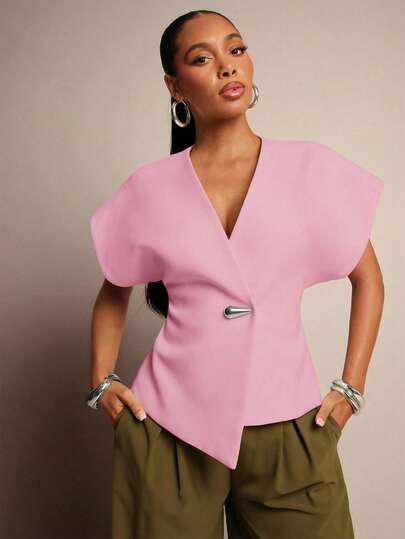 Vixey Solid Textured Woven Asymmetrical Hem Single Button Waistcoat Top