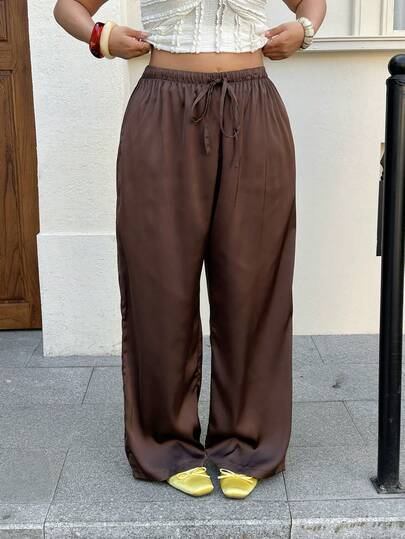 SHEIN EZwear Plus Size Women Solid Color Elastic Waist Drawstring Loose Casual Pants, Spring/Summer,Carnival Women Look 2026,Going Out Outfits,Beach Outfit, Holiday Outfits,Retro Satin Versatile Brown