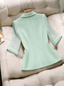 GlowEve CURVE 大码女式薄荷绿中袖西装外套，宽松版型，翻领，单扣设计，饰有花卉图案，通勤休闲皆宜，简约优雅，显瘦，小众剪裁，日常穿着，办公场合皆可，展现温柔成熟风格。 - 綠色 - 查看 2