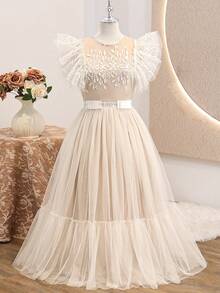 Teen Girl Elegant Party Embroidered Mesh Patchwork Ruffle Hem Dress - Apricot - View 8