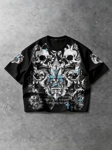 ROMWE MEN Men's Gothic Dark Print Short Sleeve T-Shirt, Loose Fit - Black - View 1