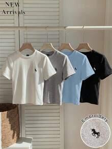 GlowEve 4件套女士纯色刺绣圆领短袖修身露脐T恤，适合日常穿着 - 彩色 - 查看 3