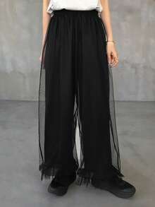 FRIFUL Women's Solid Color Elastic Waist Mesh Patchwork Loose Pants - Black - View 4