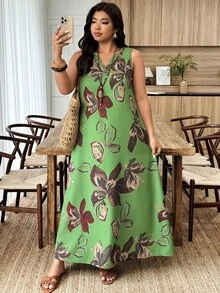 Weeklong Plus Size Women's Spring/Summer Notched Neck Sleeveless A-Line Floral Print Casual Vacation Dress - Green - View 5