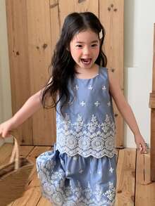 DAZY 女童蕾丝领无袖上衣和裙子两件套，清新甜美韩版风格 - 藍色 - 查看 5