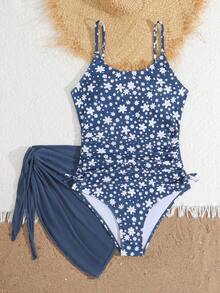 SHEIN 少女碎花露背褶皱连体泳衣，带裙摆，适合夏季度假、游泳和海滩穿着 - 藍色 - 查看 5