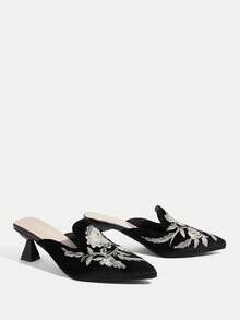 CUCCOO TILAWA 1 Pair Women's Pointed Toe Mule Sandals With Embroidery, Retro Elegant Versatile High Heel Slip-On Shoes - Black - View 3