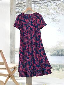 EMERY ROSE Đầm ngắn tay màu đỏ in hoa dành cho nữ cỡ lớn, thích hợp mặc vào đầu mùa xuân, trang phục mùa hè cho nữ, đầm ngắn tay, đầm họa tiết paisley, đầm in hoa cho nữ, đầm ngắn tay mùa hè. - Màu Hồng Tươi - Xem 2