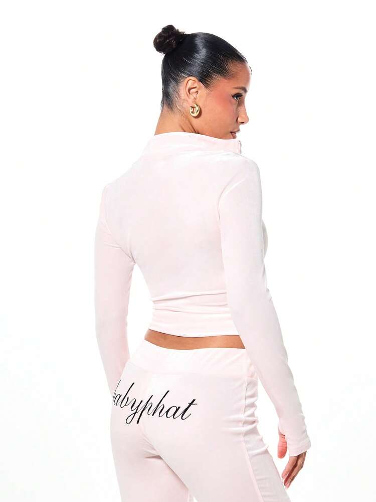 BABYPHAT Top de Veludo com Gola Alta, Manga Longa e Zíper, com Texto em Estilo Cursivo, para Conforto no Outono e Inverno