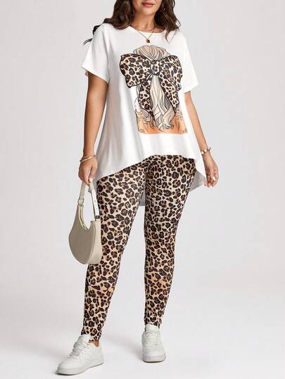 Comfylo Plus Size Women Leopard Print Bow Decor High Low Hem T-Shirt And Leggings 2 Piece Set