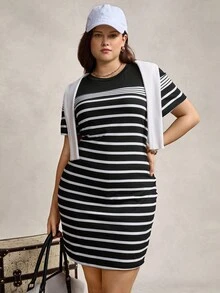 Zelara Plus Size Round Neck Striped & Printed Casual Summer Short Sleeve Dress - Black - View 4