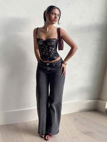 LHSEPT 性感蕾丝透视吊带背心，适合派对、约会、通勤、可爱文胸、性感夜店上衣、束身胸衣、外出上衣、可爱上衣、夏季蕾丝上衣 - 黑色 - 查看 2