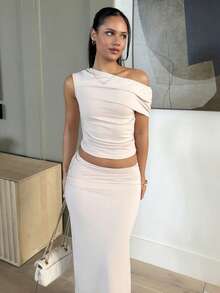 LHSEPT Women's Asymmetrical Neck Asymmetric Ruched Top + Low Waist Ruched High Slit Solid Pink Skirt Set, Summer - Apricot - View 4