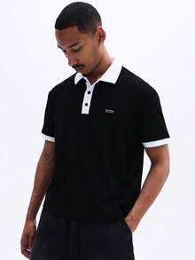 SUMWON Men's Ribbed Knit Polo Shirt With White Contrast Collar And Sleeve Trim Classic Button Placket Short Sleeve Summer Casual Top - Black - View 5