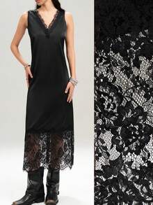 Muchica Đầm không tay cổ chữ V phối ren màu trơn, cỡ lớn, thanh lịch, thích hợp cho mùa hè. - màu đen - Xem 8