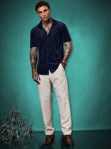 EASEVO Plus Size Men's Casual Daily Summer Commute Front Button Short Sleeve Shirt - Navy Blue - View 8