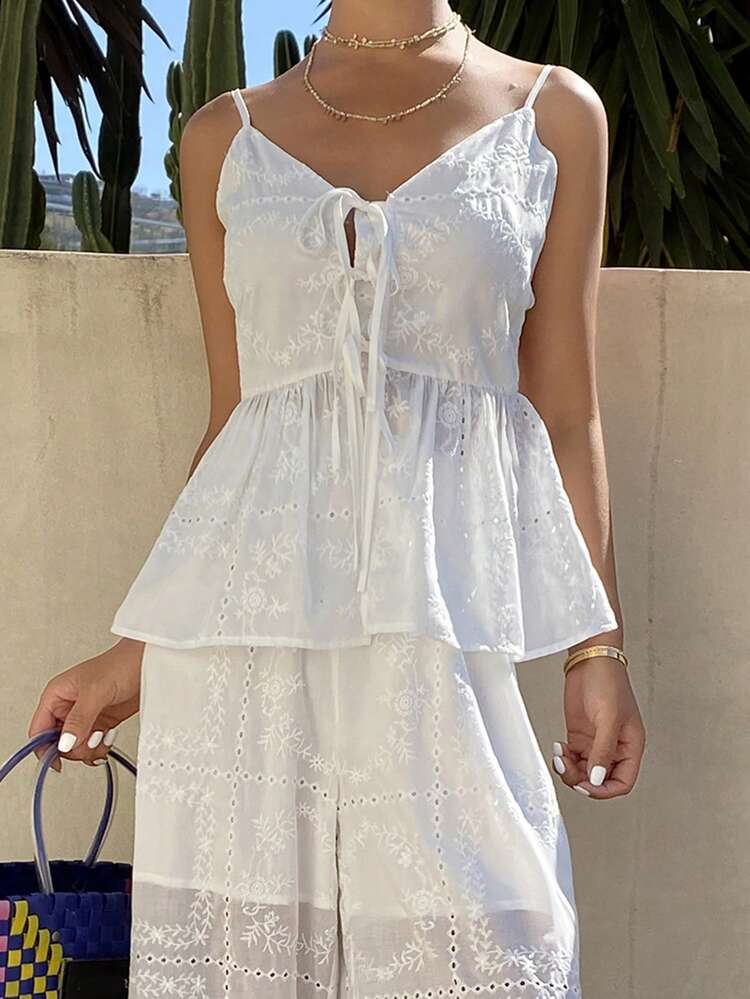 Women's Elegant Embroidered White Tie-Up Ruffle Camisole And Wide Leg Pants 2 Pieces Set, Summer