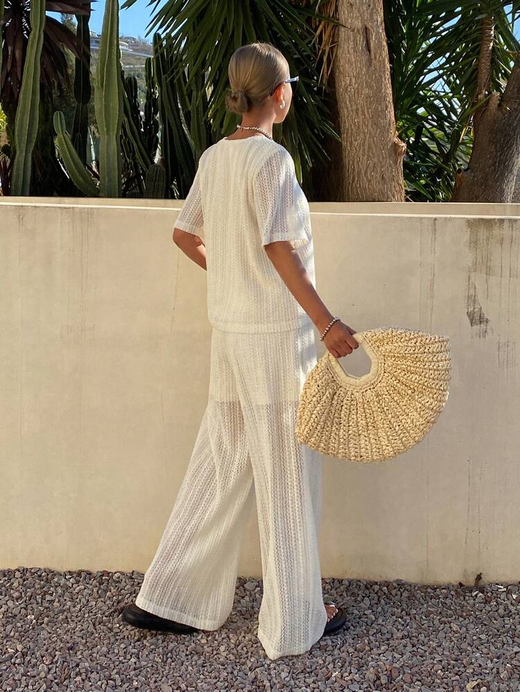 Women's Casual Vacation Style Elegant Solid Color T-Shirt And Wide Leg Pants 2-Piece Set, Spring/Summer