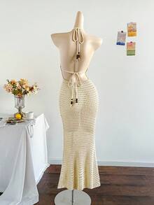 Soleia Women's Vacation Casual Backless Halter Knit Dress Crochet Maxi Dress Summer Maxi Dress Beach Maxi Dress Crochet Dress Vacation Dress In Fall/Winter - Apricot - View 4