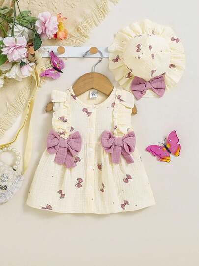 SHEIN 2 件套新生女婴碎花连衣裙，带帽，前扣开合，蝴蝶结装饰，可爱优雅，适合春夏季休闲、居家、户外穿着