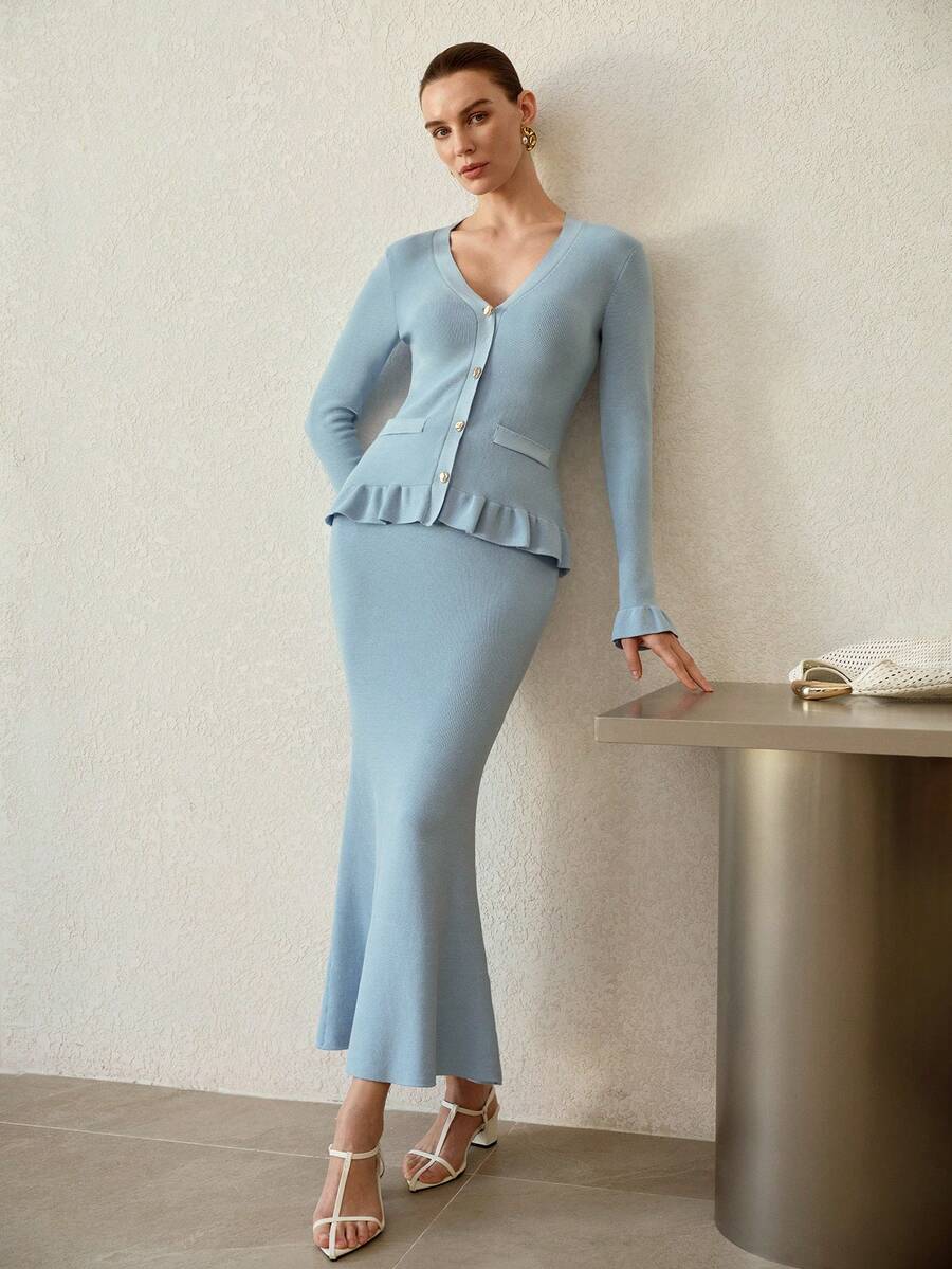 MOTF PREMIUM 荷叶边下摆纽扣上衣和斜裁半裙两件套针织套装，春夏款 - 藍色 - 查看 1