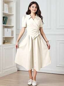 Teen Girl Woven Apricot Collared Ruched Bow Tie Short Sleeve Casual Dress - Apricot - View 5