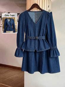 GlowEve Women's V-Neck Ruched Casual Versatile Daily Wear Long Sleeve Denim Blouse - Blue - View 1