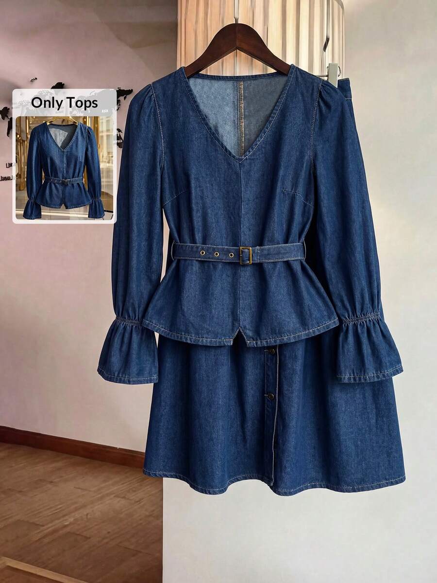 GlowEve Women's V-Neck Ruched Casual Versatile Daily Wear Long Sleeve Denim Blouse - Blue - View 1