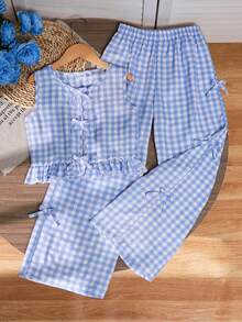 Tween Girls' Fresh & Sweet Plaid Sleeveless Bow Tie Ruffle Trim Top + Wide Leg Pants 2-Piece Set, Suitable For Summer Picnic, Park, Daily Wear, School - Blue - View 5