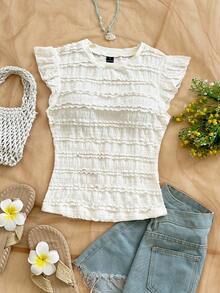 Soleia 优雅波西米亚风热带白色针织荷叶袖吊带T恤，适合春夏休闲、海滩、婚礼宾客、毕业典礼、早午餐、圣帕特里克节、春假、复活节、音乐节等场合。 - 白色 - 查看 3