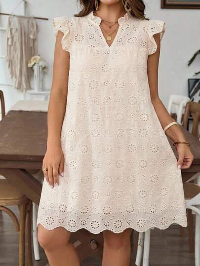 SHEIN VCAY Plus Size Women Hollow Out Embroidery V-Neck Cap Sleeve Casual Dress Eyelet Dress Women French Style Dress Cottagecore Dress