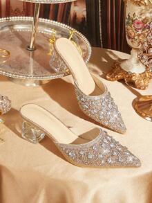 CUCCOO TILAWA Sepatu Wanita Bertumit Tinggi Berhiaskan Kristal dan Rhinestone Kaca, Cocok untuk Acara Keluar Rumah, Perjamuan, Pesta, dan Aktivitas Lainnya - emas oranye - View 2