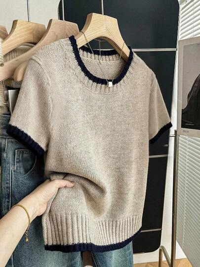 SHEIN Franclia 全新夏季简约个性拼布撞色优雅百搭女式针织上衣