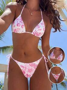Swim Mod Summer Beach Women Vacation Style Random Print Bikini Set - Pink - View 1