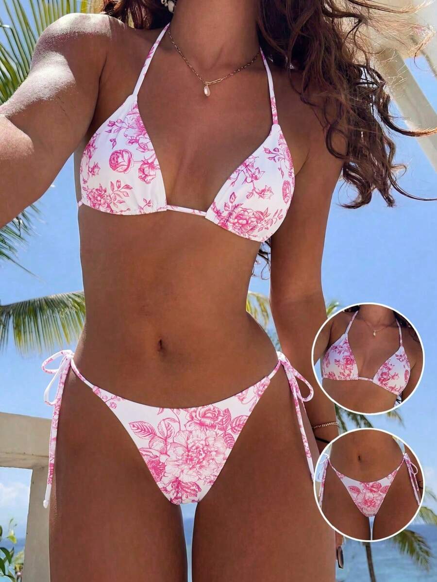 Swim Mod Summer Beach Women Vacation Style Random Print Bikini Set - Pink - View 1