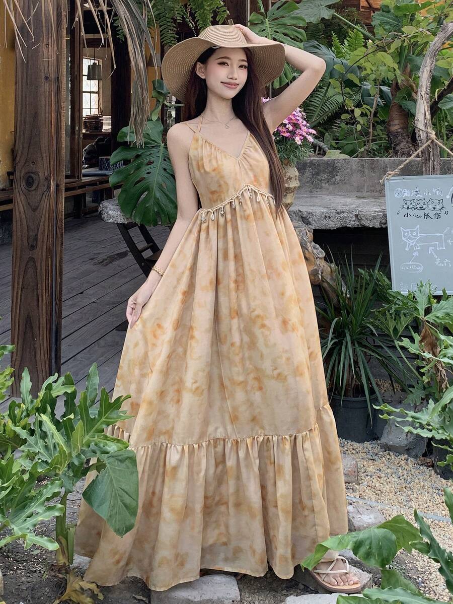 DAZY Đầm maxi dài tay cổ chữ V in họa tiết phối hạt cườm kiểu dáng nghỉ mát dành cho nữ, thích hợp mặc mùa hè. - Màu vàng - Xem 1