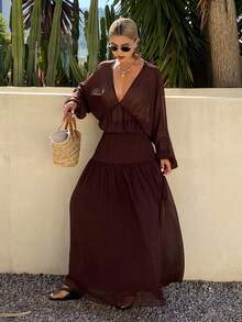 Livesso Summer Vacation Outfit - Loose V-Neck Sheer Top And Casual Skirt Set For Women - Coffee Brown - View 3
