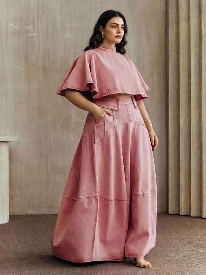 Anewsta Plus Size Women's Spring Urban Washed Denim 2-Piece Set: Peplum Hem Denim Skirt + Short Sleeve Poncho