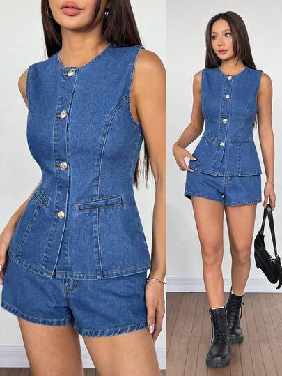 SHEIN PETITE Women's Summer Commuting & Casual 2 Piece Denim Set Sleeveless Button Down Vest Top & High Waist Shorts Blue Denim Outfit With Pocket Detail For Vacation Outfits Casual Everyday Wear Women's Solid Color Minimalist Sleeveless Top And Denim Shorts Set