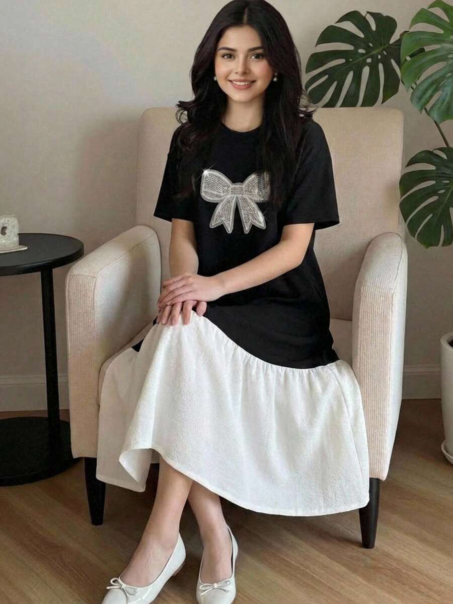 少女休闲街头风撞色亮片蝴蝶结装饰拼接宽松圆领落肩短袖中长连衣裙 - 黑與白 - 查看 1