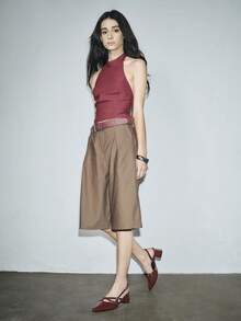 女士酒红色漆皮尖头搭扣粗跟礼服高跟鞋，优雅尖头正式高跟鞋，时尚露跟高跟鞋，情人节礼物 - 酒紅色 - 查看 8