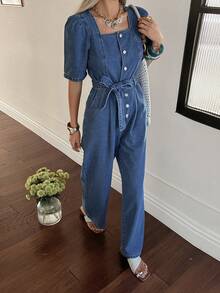 DAZY Women's Casual Washed Square Collar Petal Sleeve Belted Denim Jumpsuit, Spring/Summer - Medium Wash - View 8