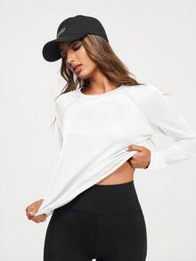 SHEIN Sports 女士纯色圆领休闲百搭日常长袖运动T恤 - 白色 - 查看 2